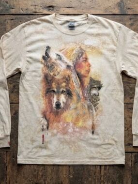 Native American and Wolf Graphic Long Sleeve Shirt